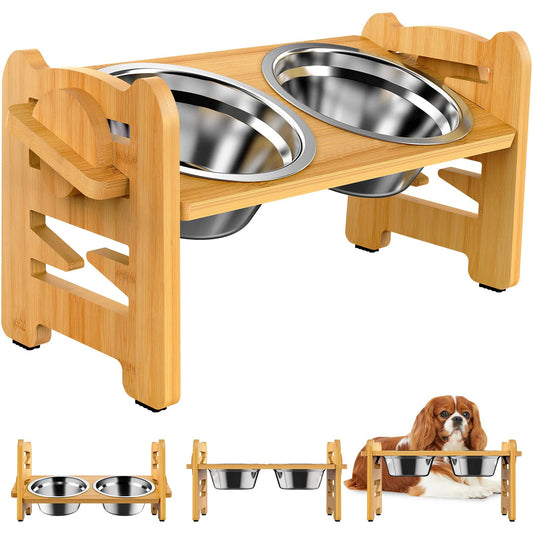 Elevated Stainless Dog Bowls with Bamboo Stand